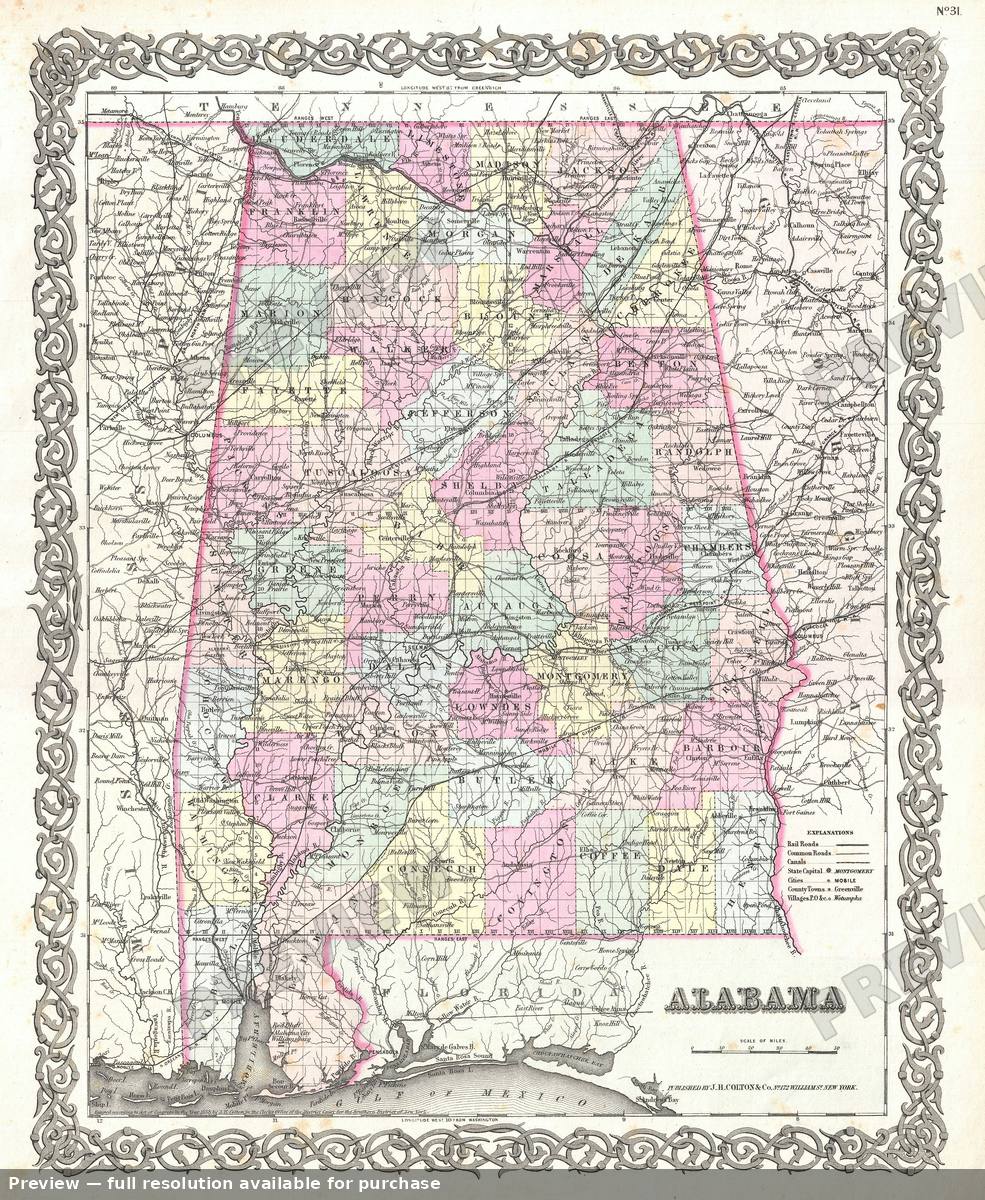 Antique map: Alabama, 1855