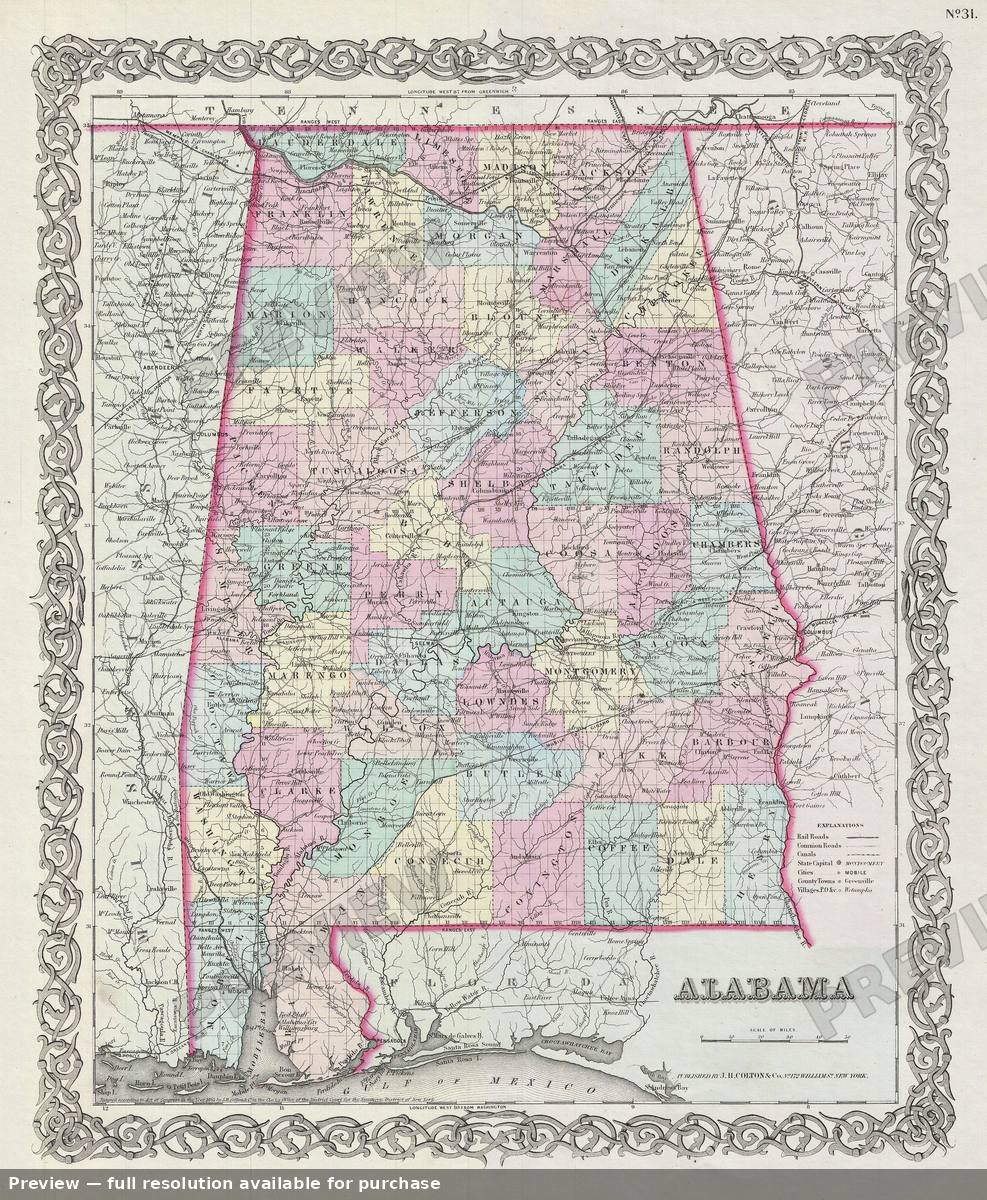 Antique map: Alabama, 1856