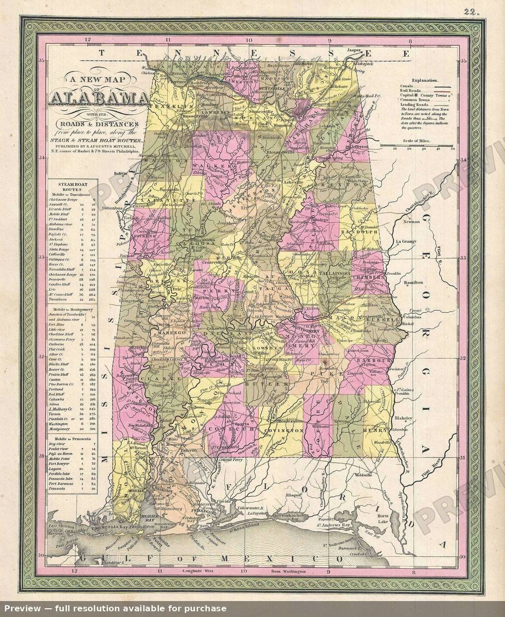 Antique map: Alabama, 1849