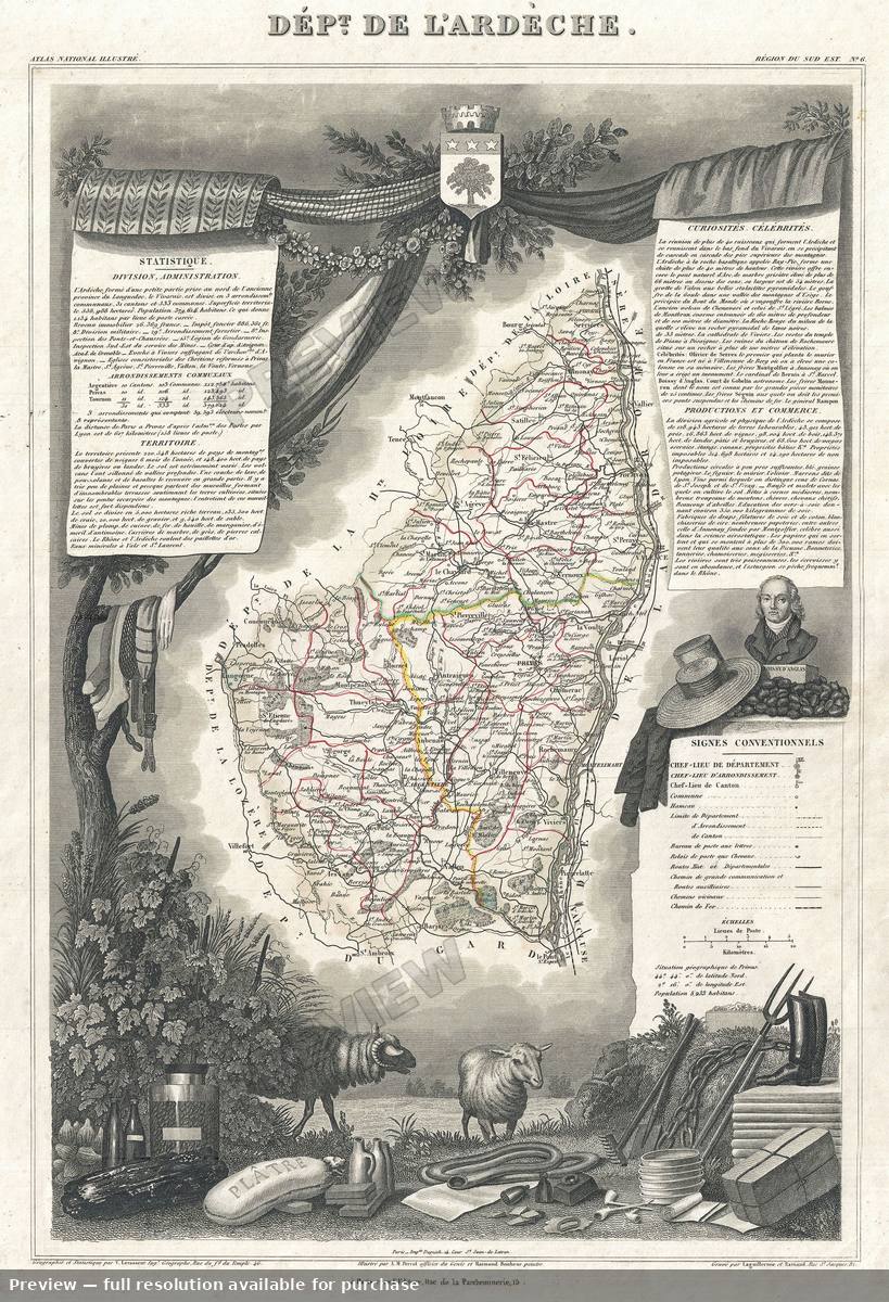 Antique map: Ardeche, 1852
