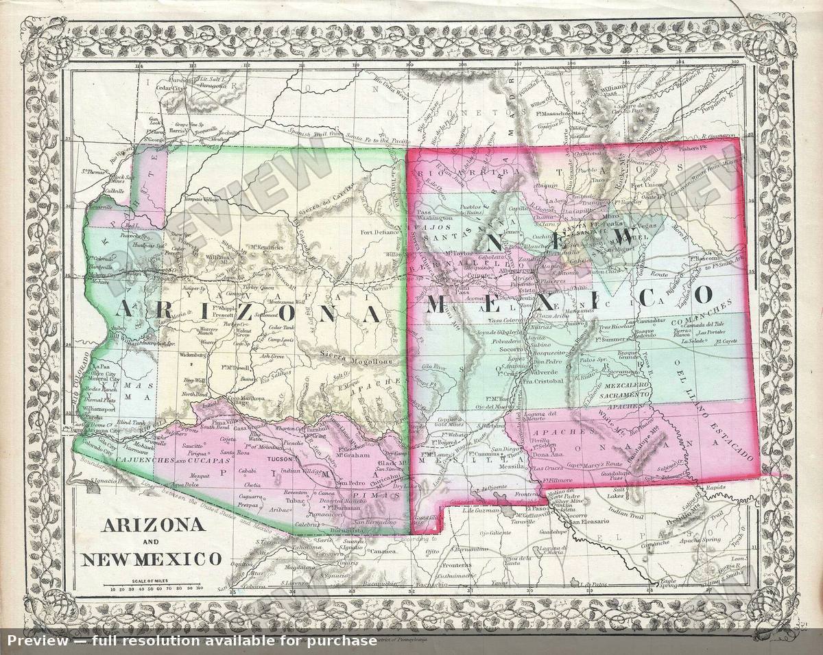 Antique map: Arizona New Mexico, 1867, 1867