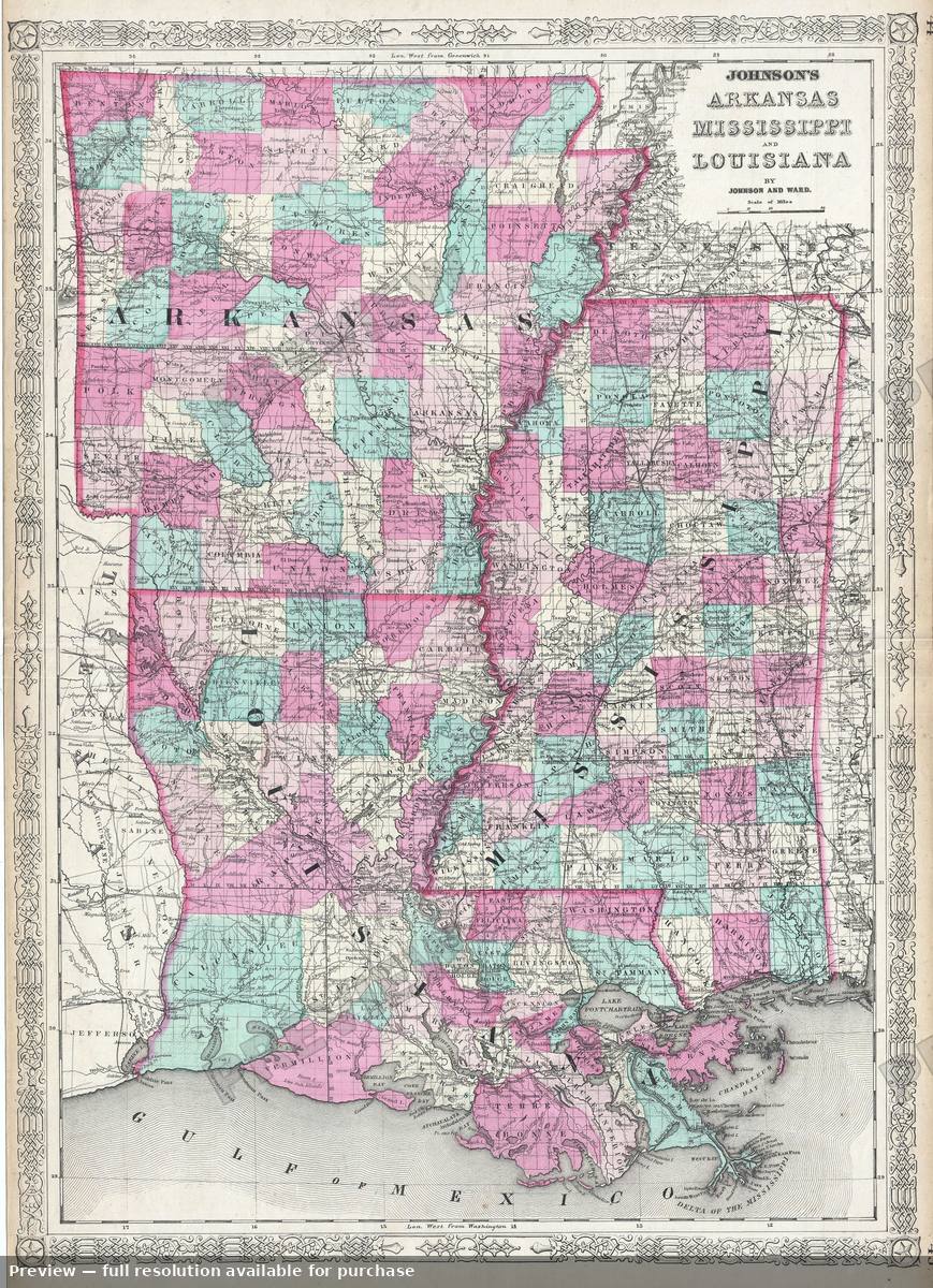Antique map: Arkansas Mississippi Louisiana, 1865, 1865