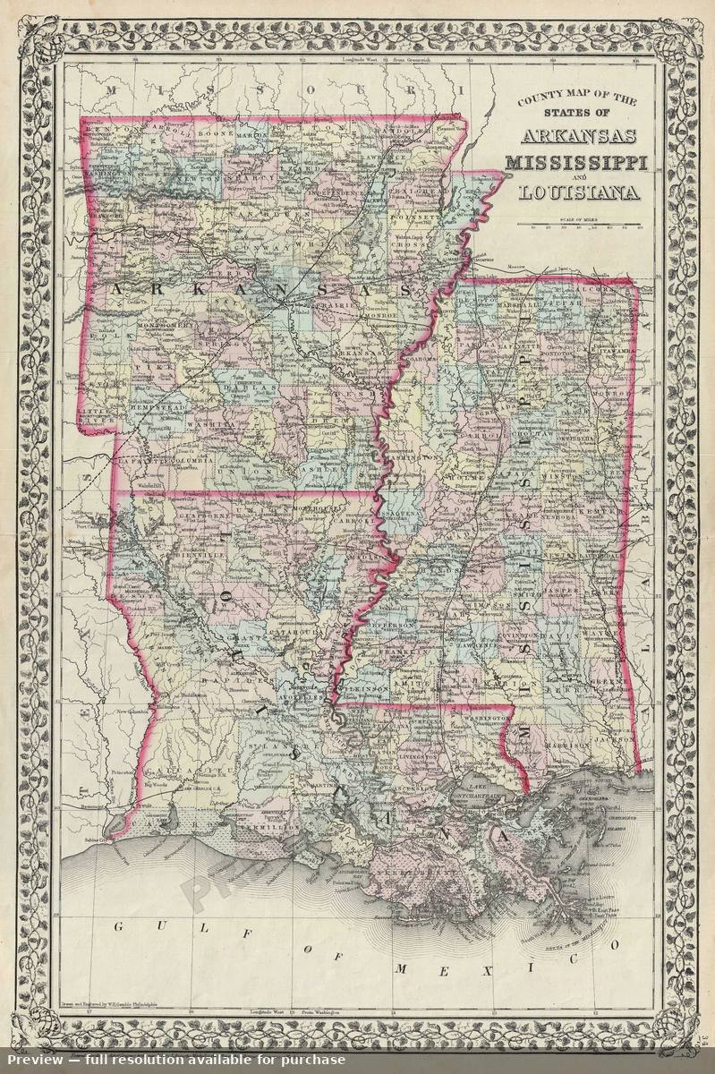 Antique map: Arkansas Mississippi Louisiana, 1872, 1872