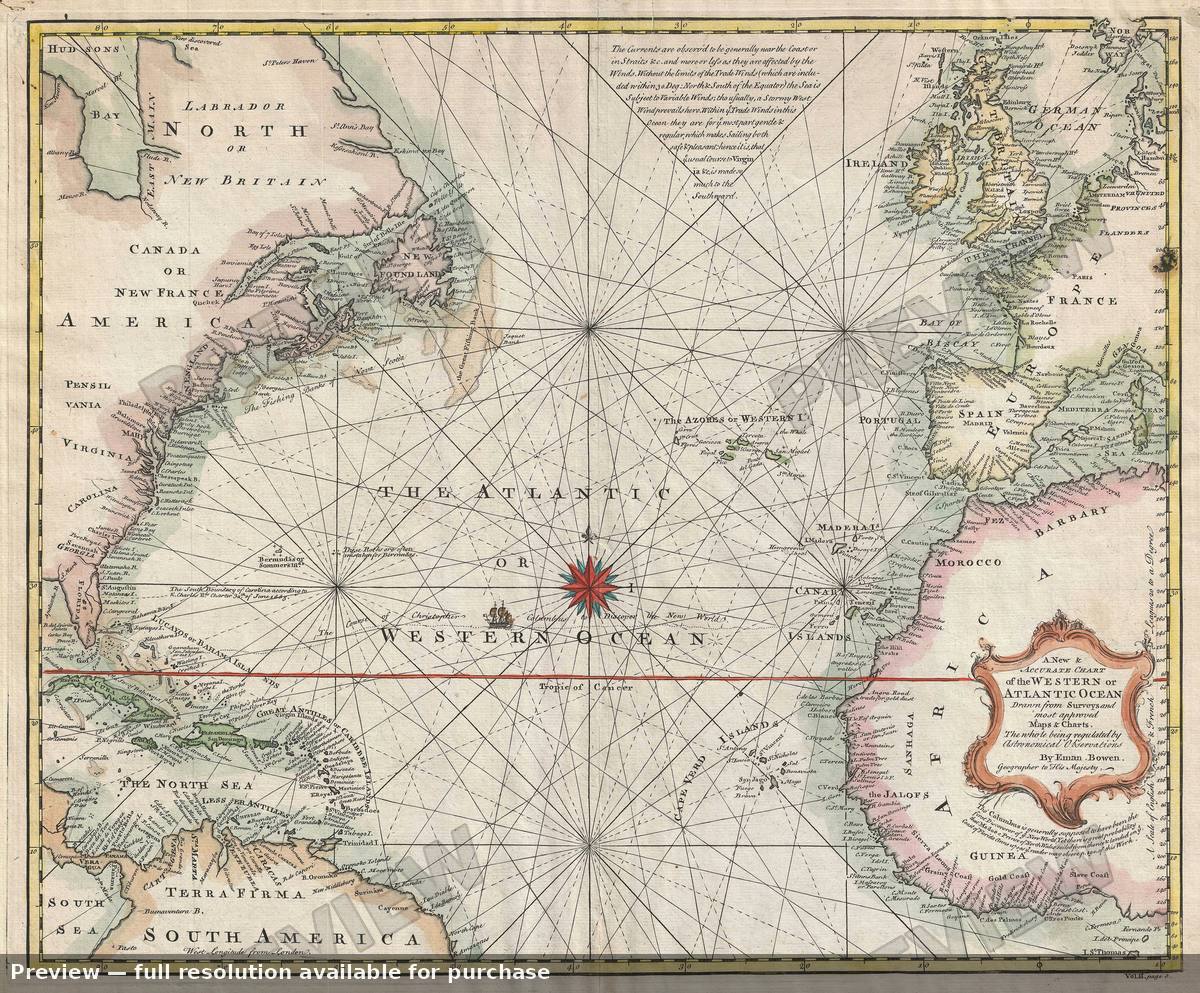 Antique map: Atlantic Ocean, 1744