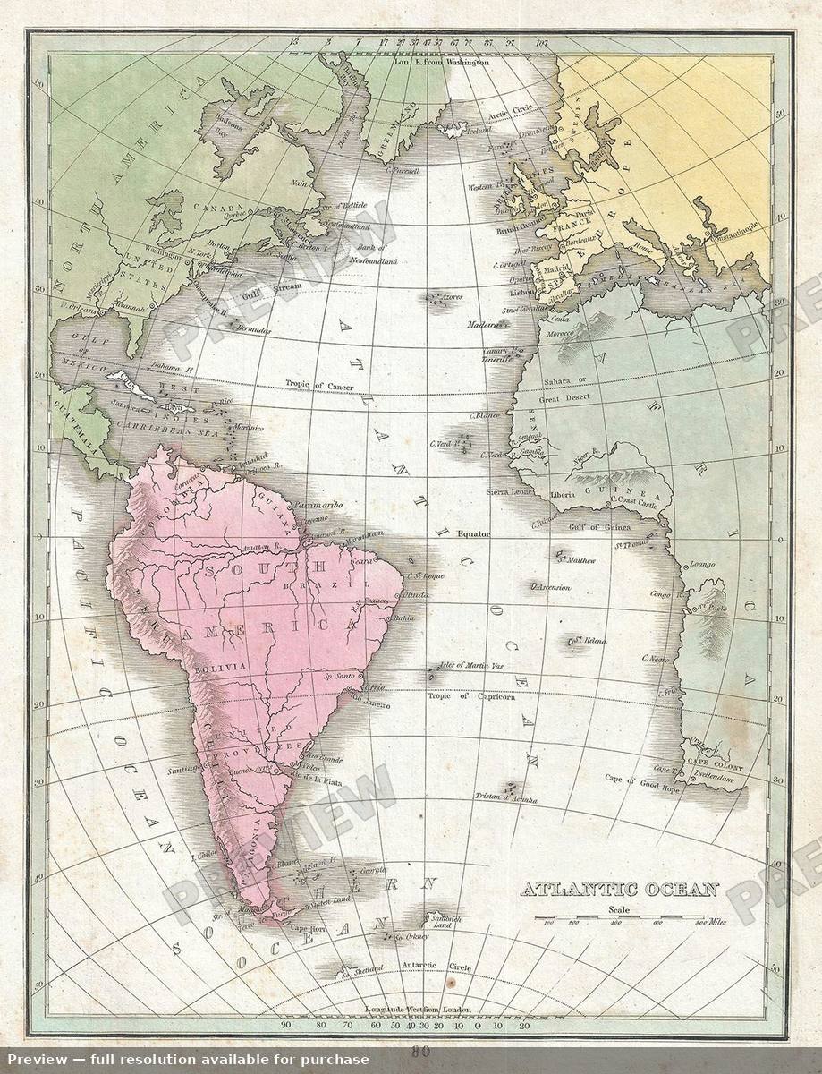 Antique map: Atlantic Ocean, 1835, 1835