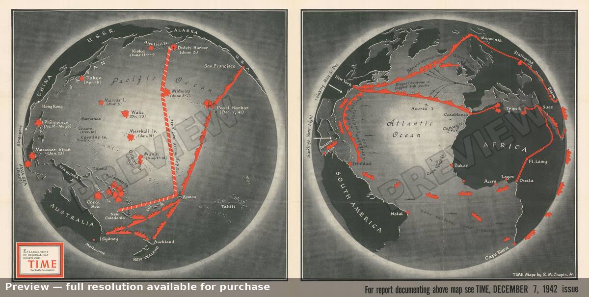 Antique map: Atlantic Pacific, 1942