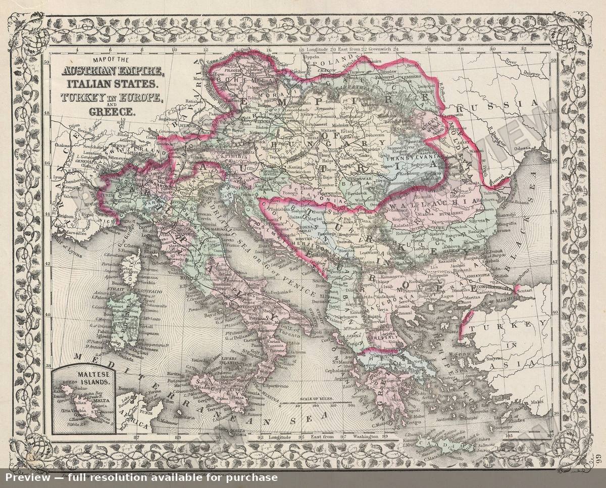 Antique map: Austria Greece Italy, 1872
