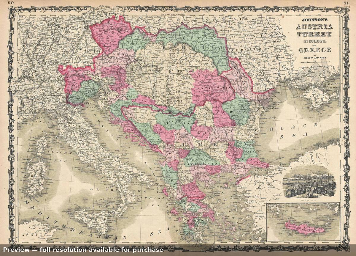 Antique map: Austria Turkey Greece, 1863, 1863