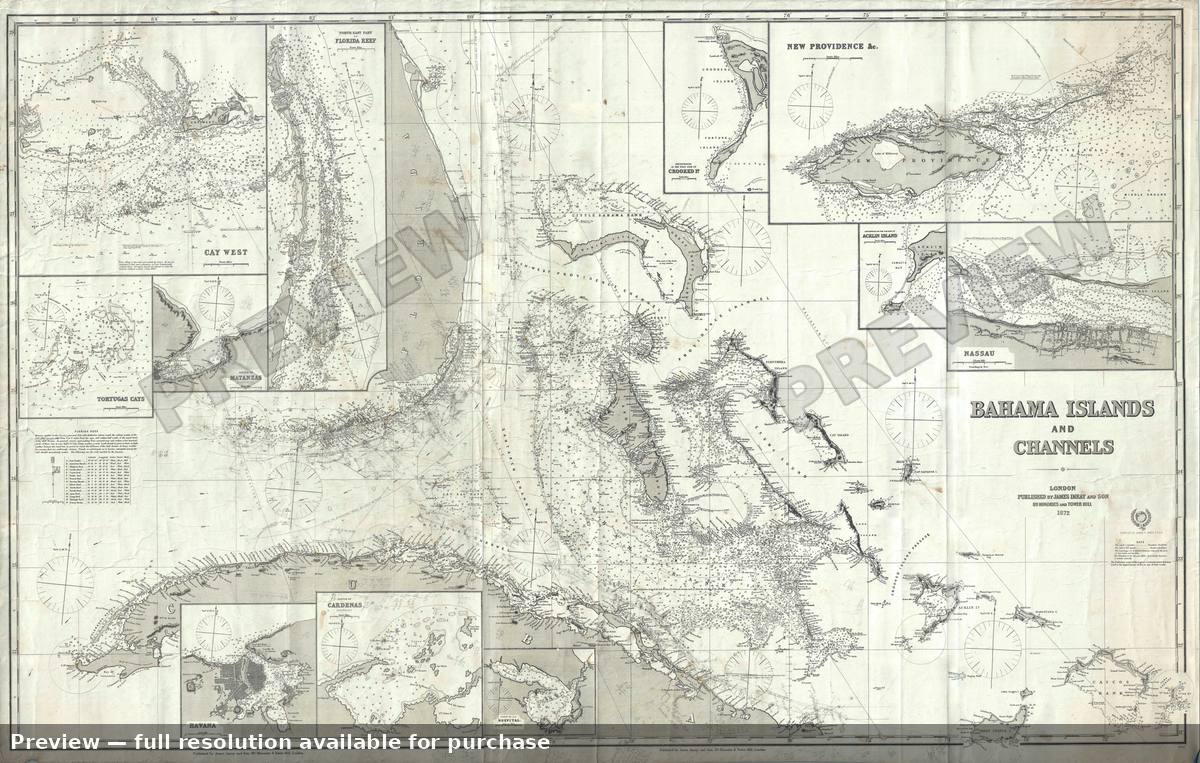 Antique map: Bahama Islandand Channels, 1872