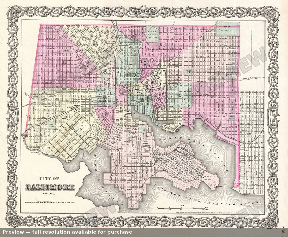 Antique map: Baltimore, 1855