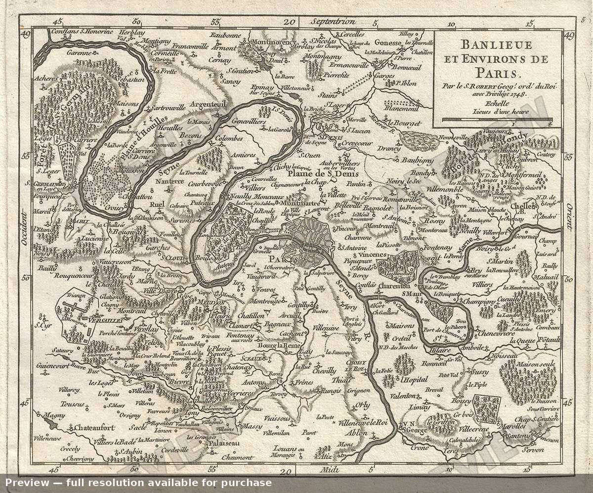 Antique map: Banlieue Paris, 1748, 1748