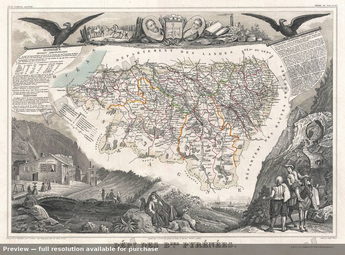 Antique map: Basses Pyrenees, 1852