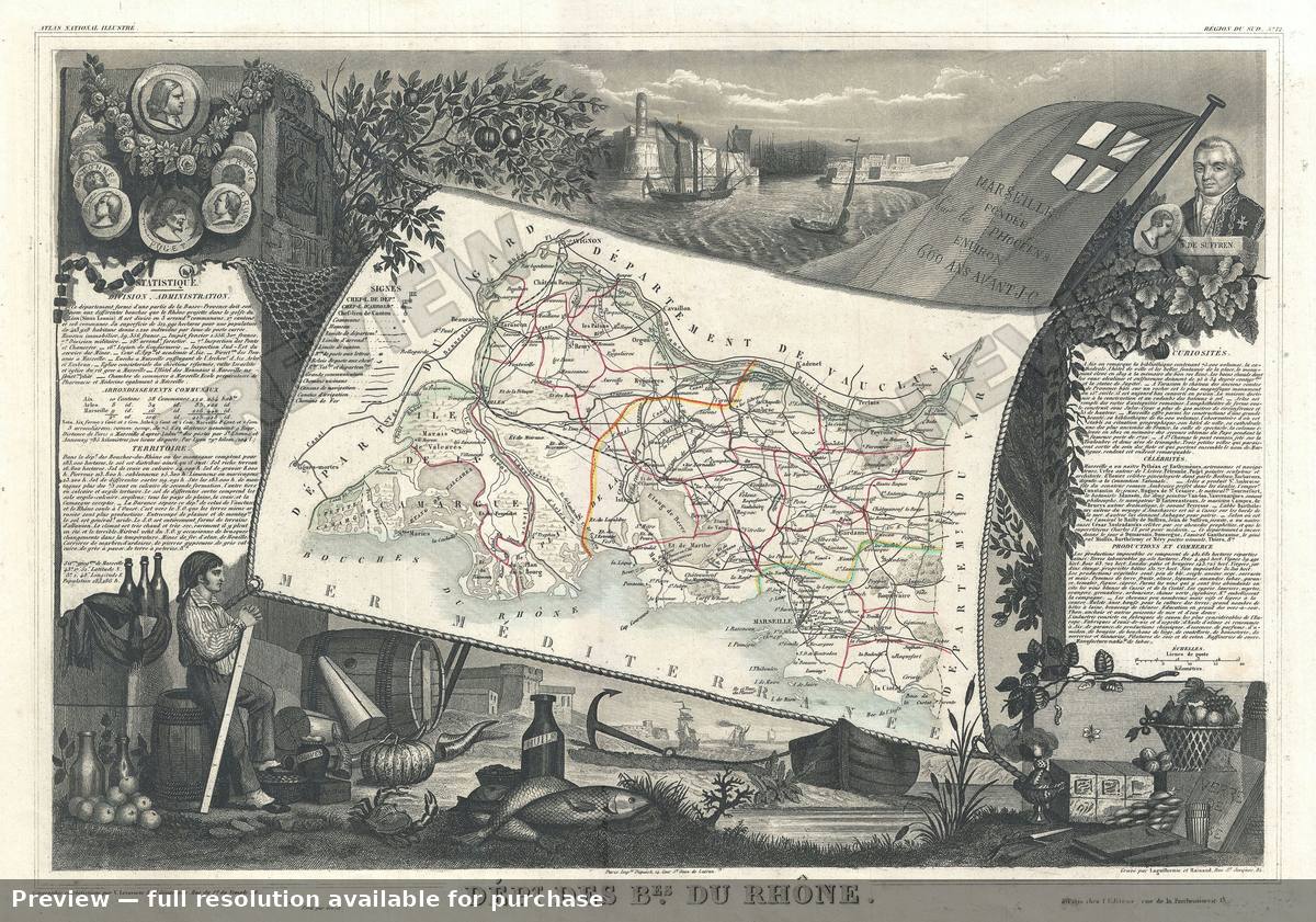 Antique map: Bes Rhone, 1852, 1852