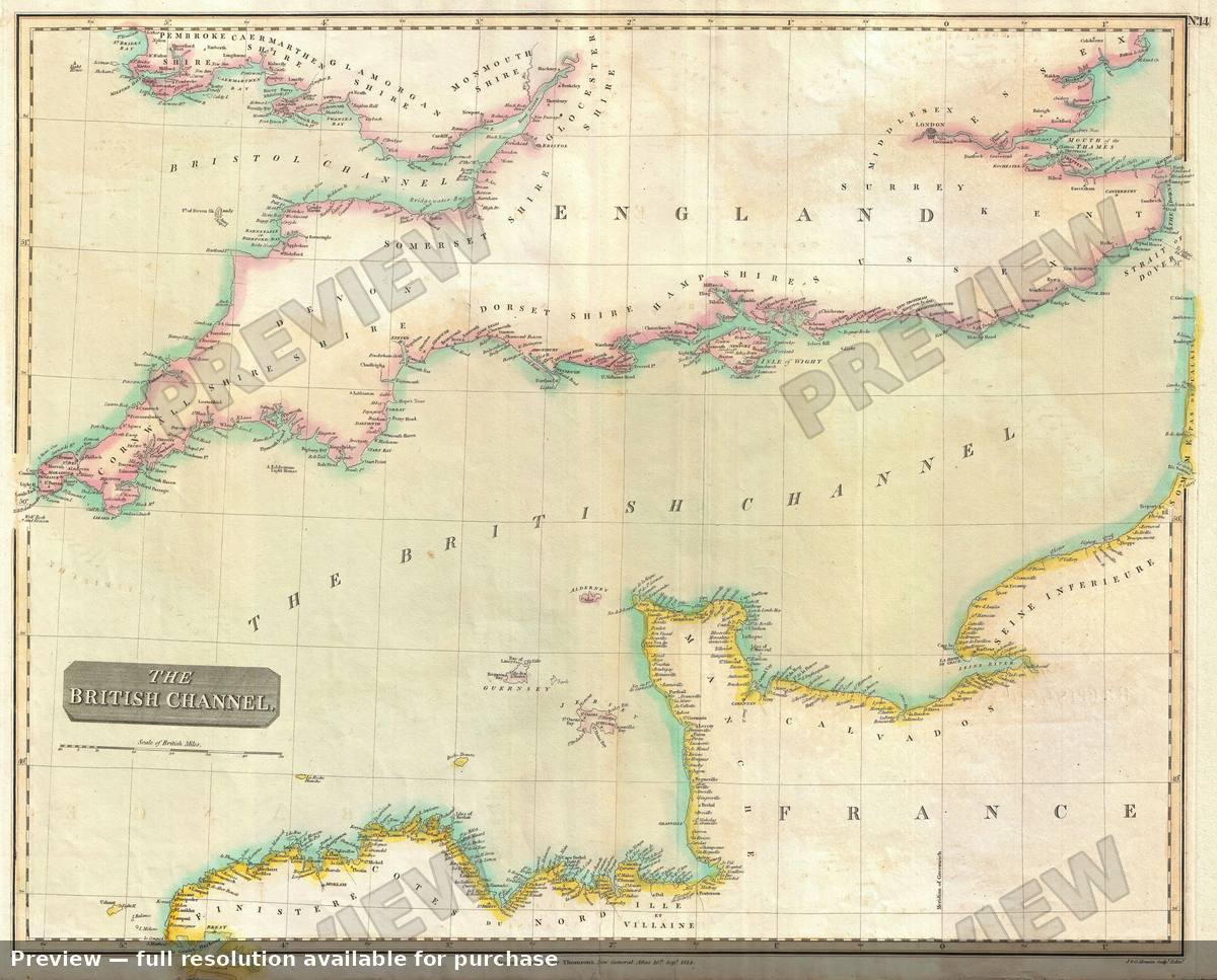 Antique map: British Channel, 1814, 1814