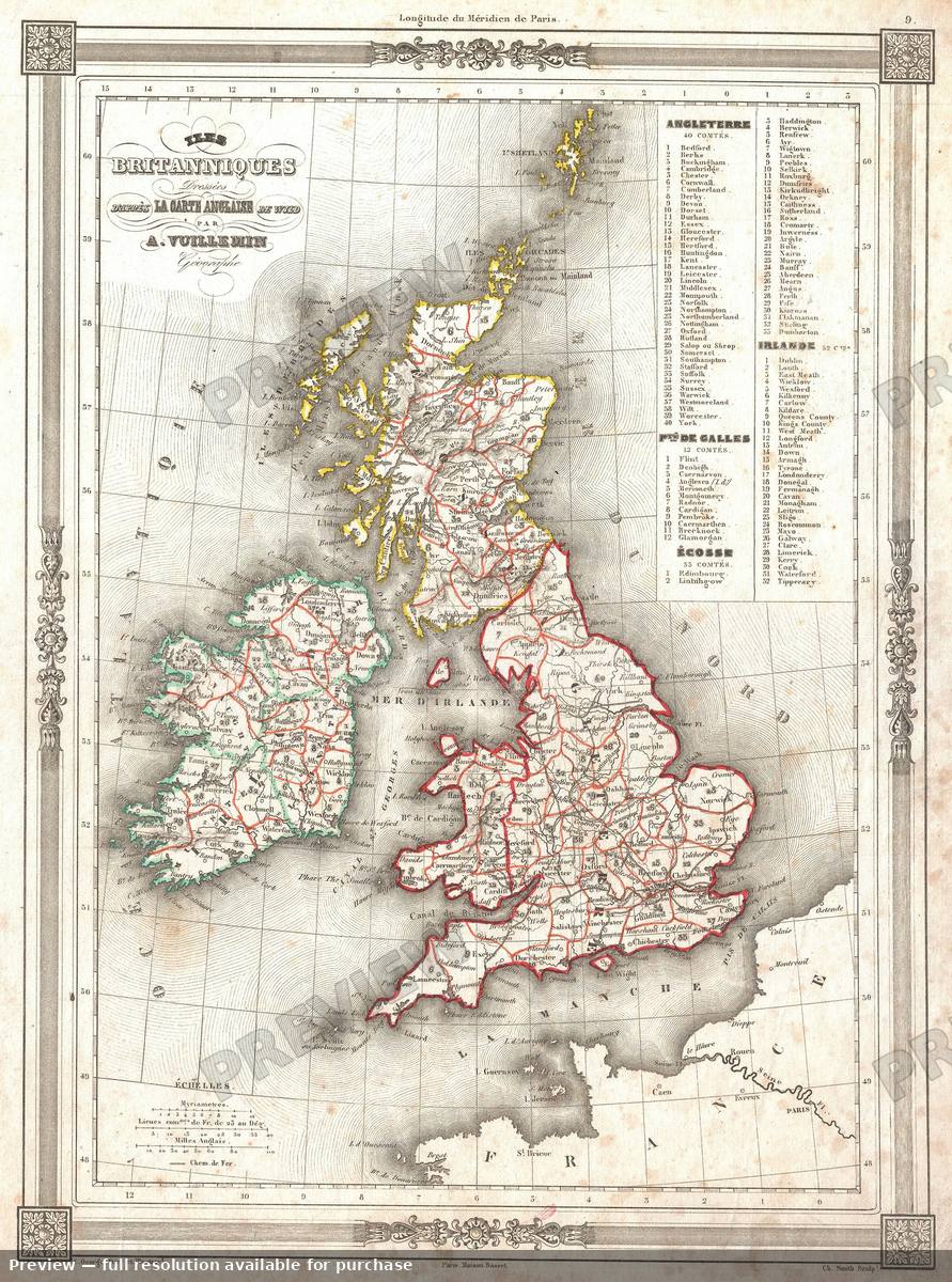 Antique map: British Isles, 1852