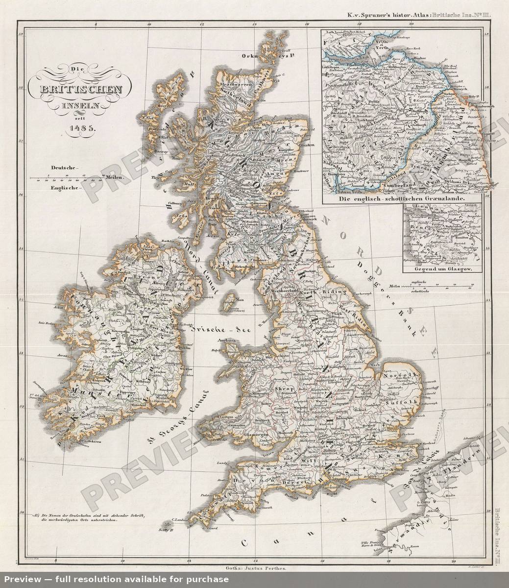 Antique map: British Isles 1485, 1854