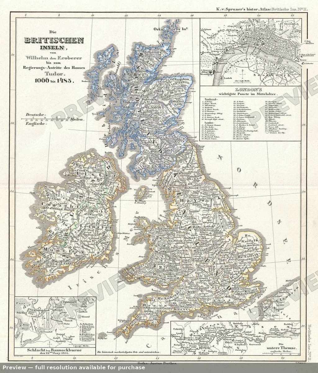 Antique map: British Isles Tudor, 1854
