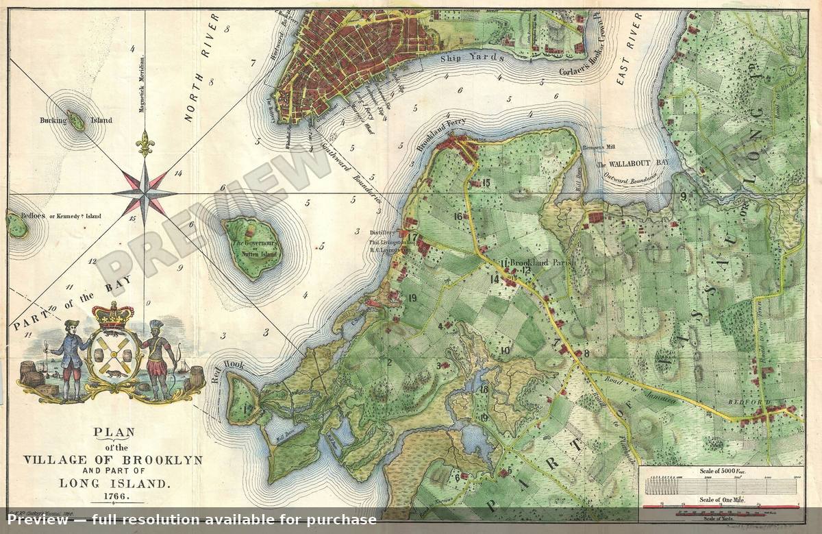 Antique map: Brooklyn 1766, 1864, 1864
