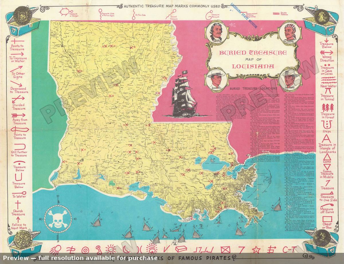 Antique map: Buried Treasure Louisiana, 1960, 1960