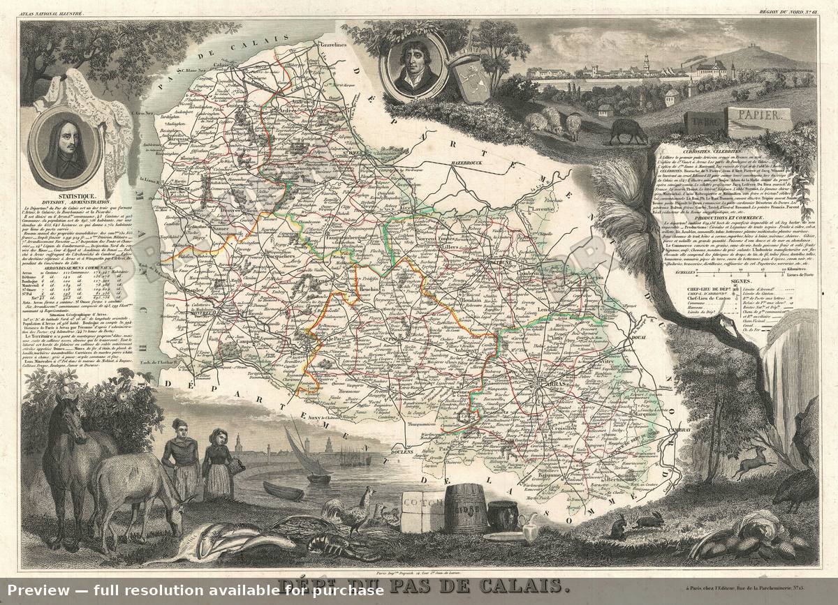Antique map: Calais, 1852