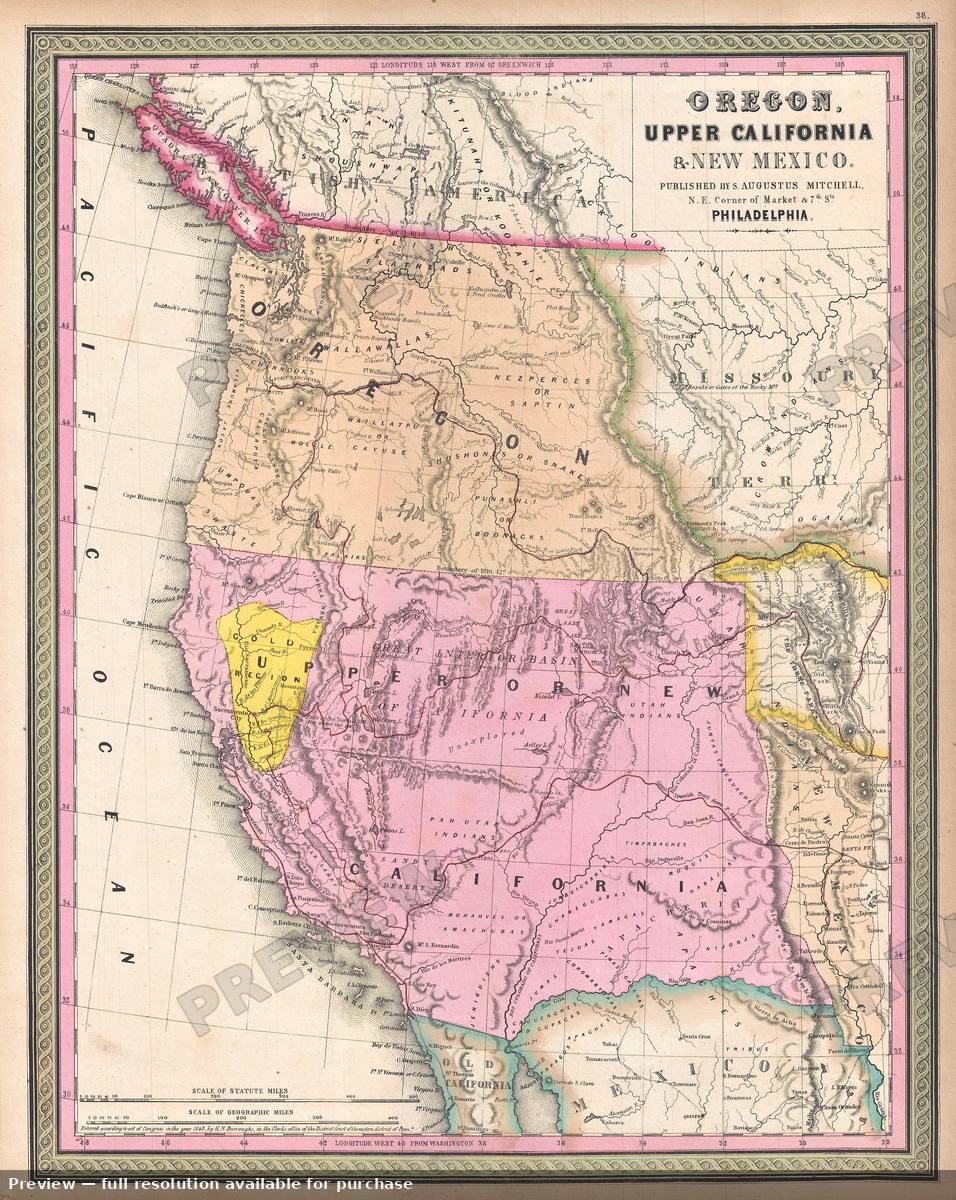 Antique map: California Gold Oregon, 1849