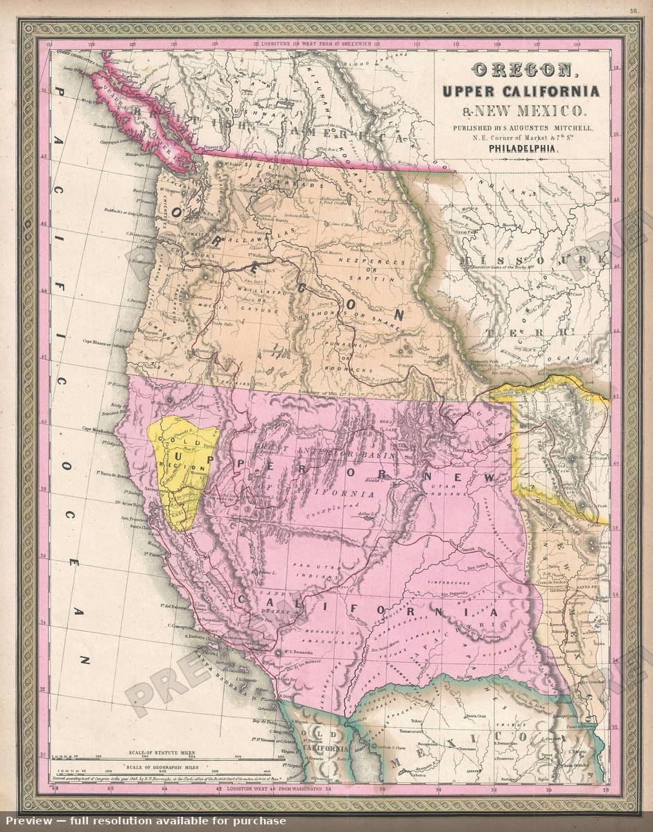 Antique map: California Gold Oregon 2, 1849, 1849