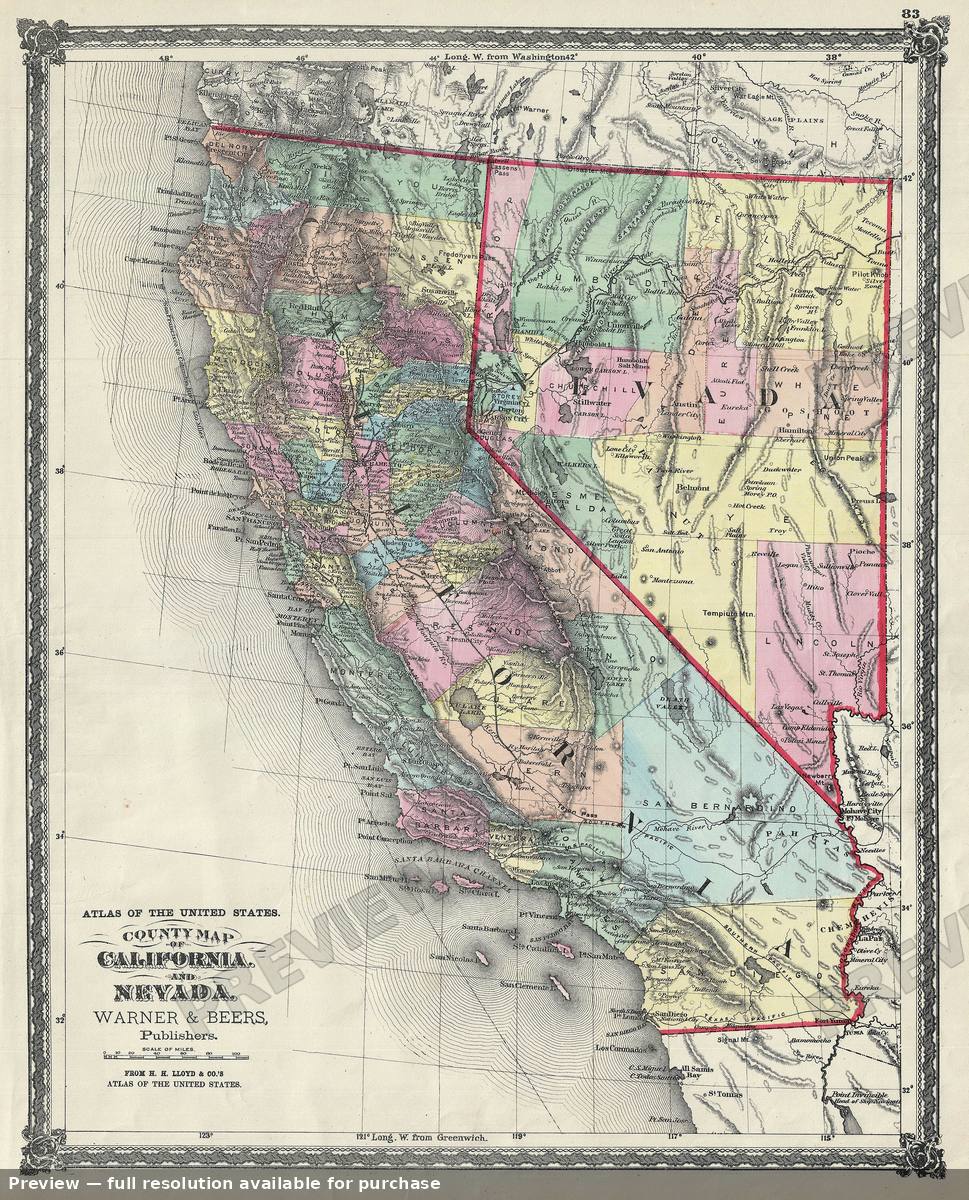 Antique map: California Nevada, 1874