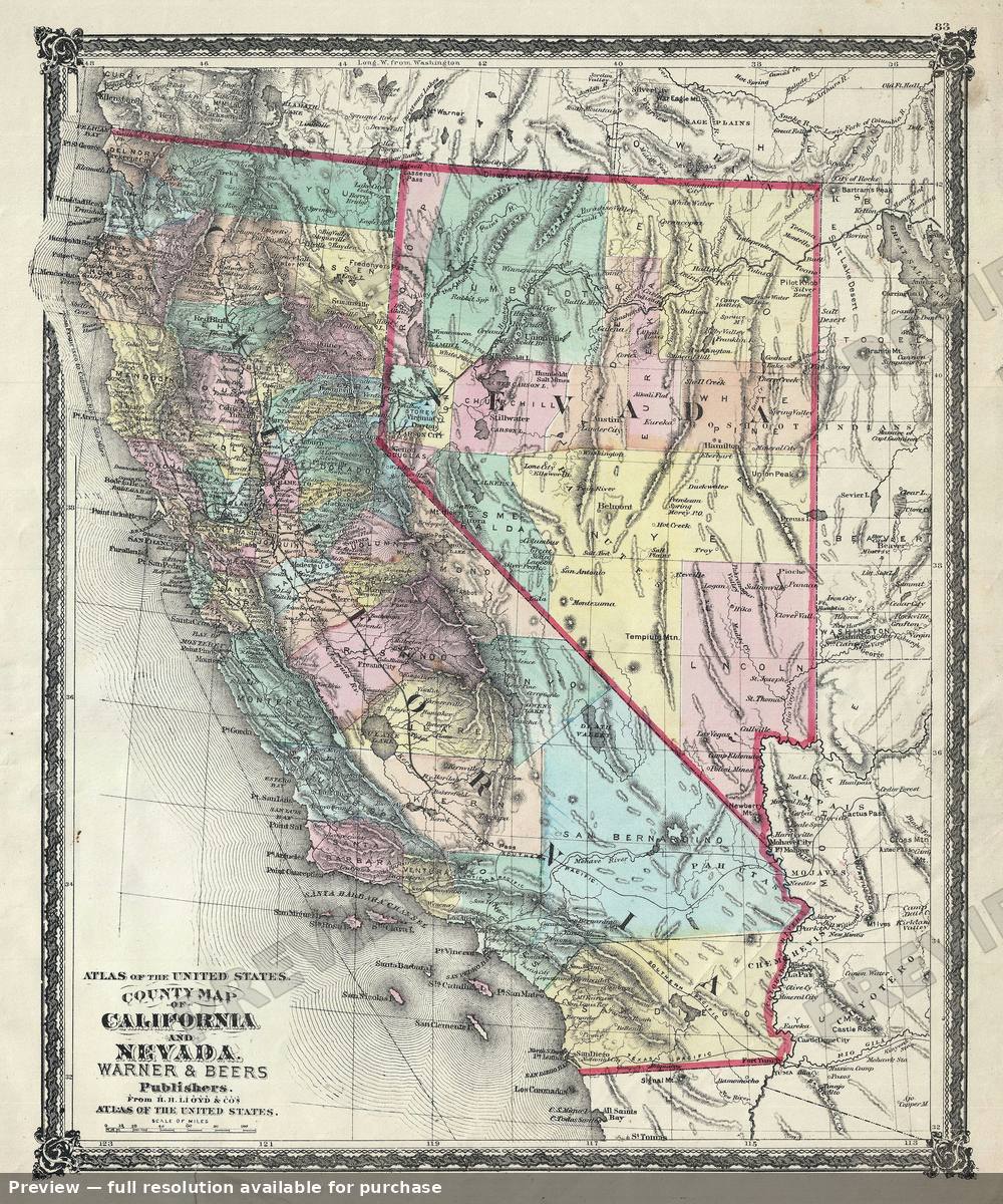 Antique map: California Nevada, 1875