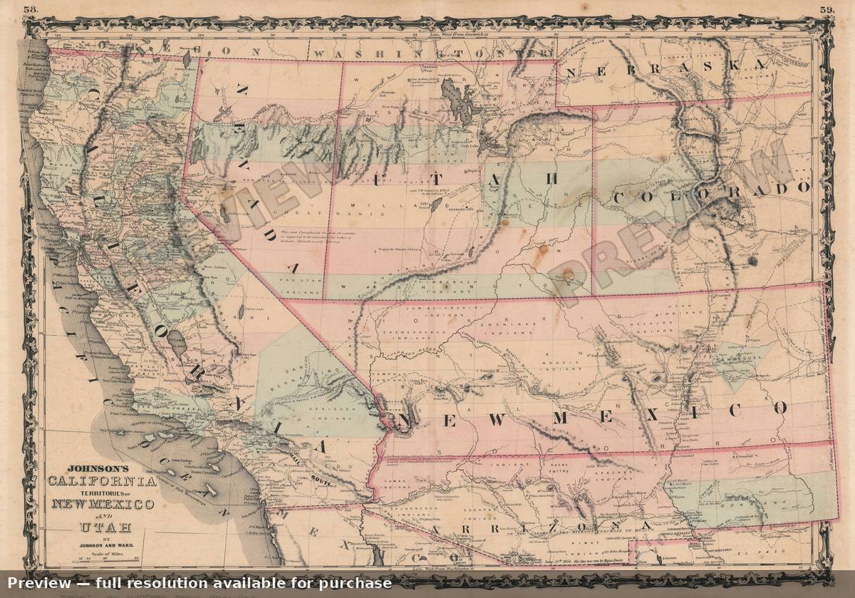 Antique map: California New Mexico Utah, 1863