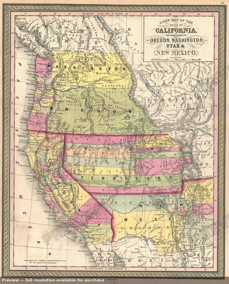 Antique map: California Oregon New Mexico, 1854