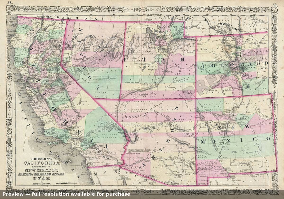 Antique map: California Utah, 1863