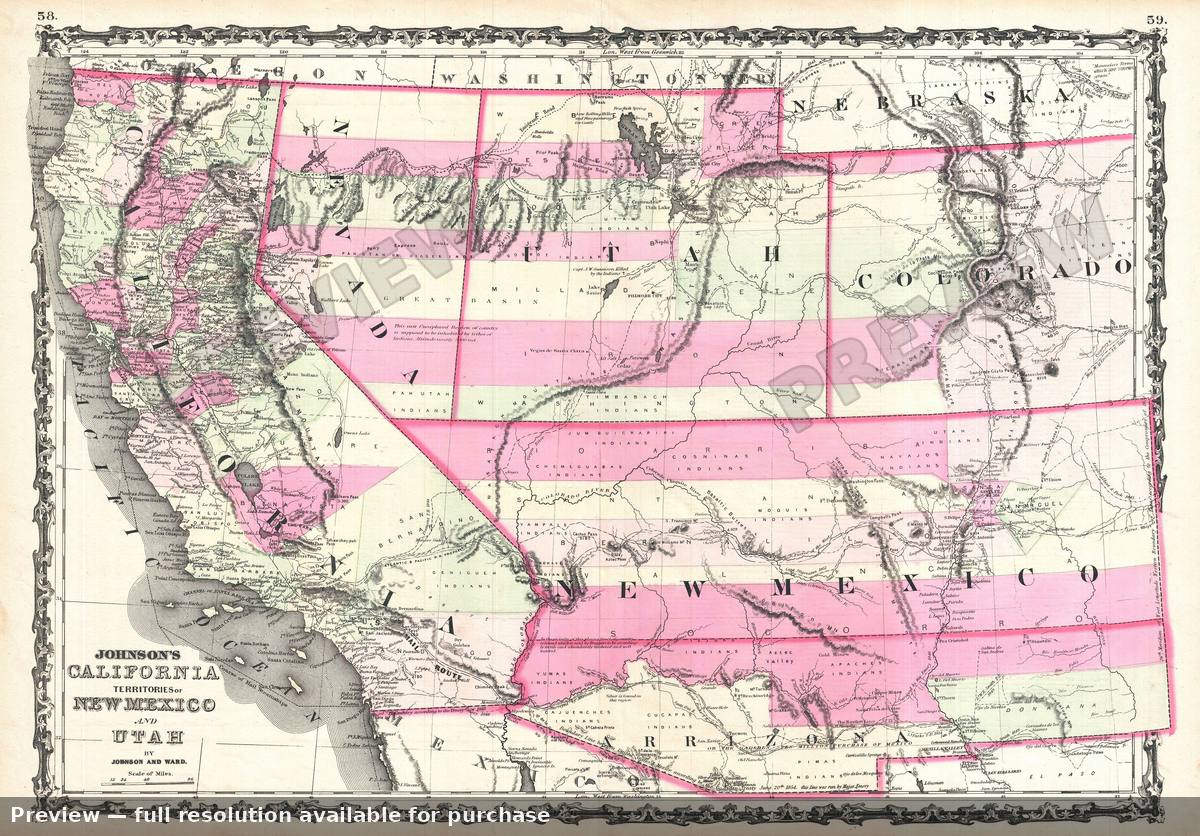 Antique map: California Utah New Mexico Arizona, 1863, 1863