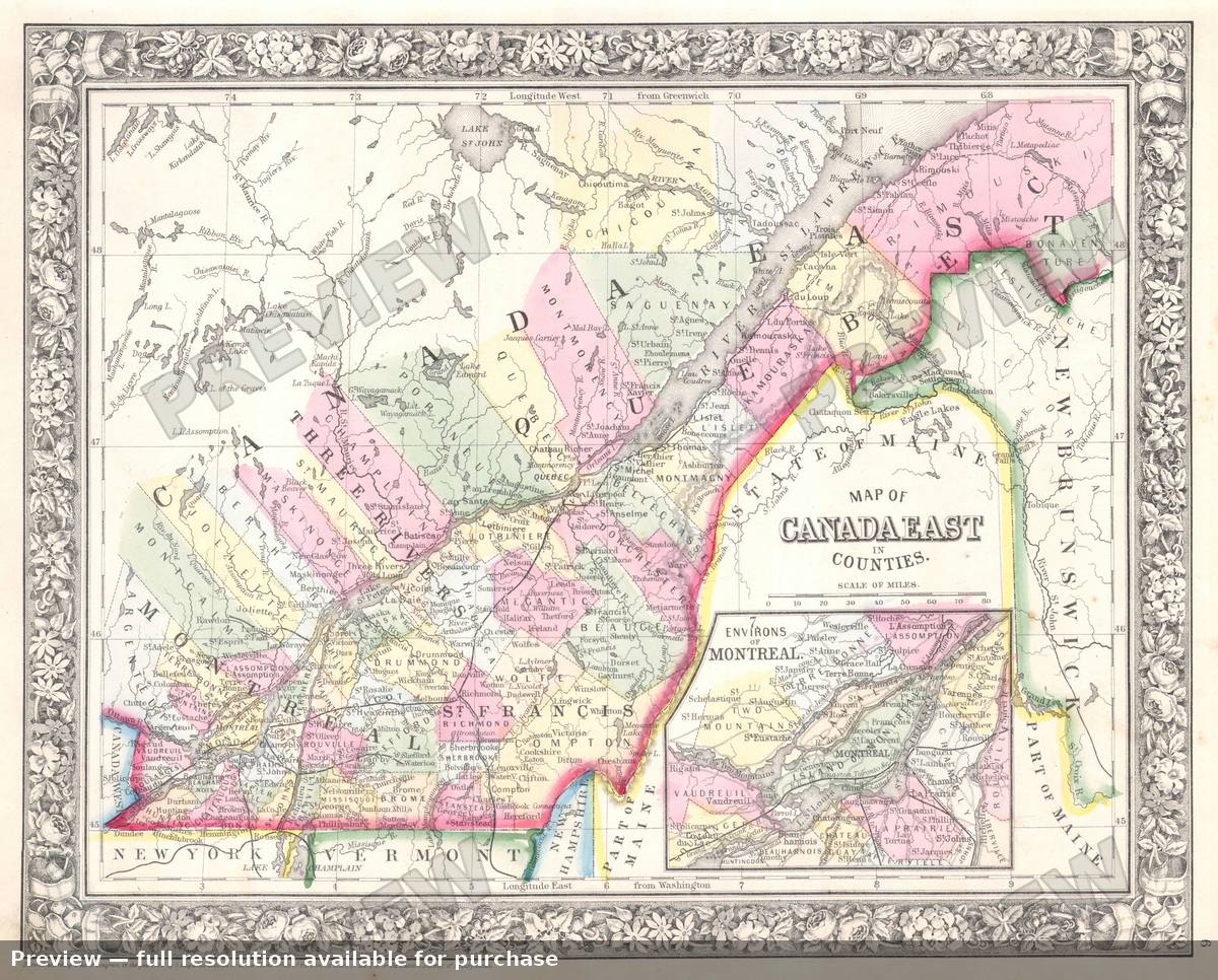 Antique map: Canada East, 1864