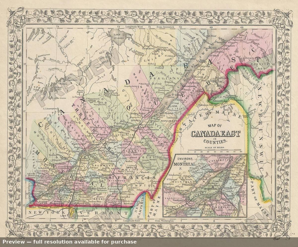 Antique map: Canada East, 1868