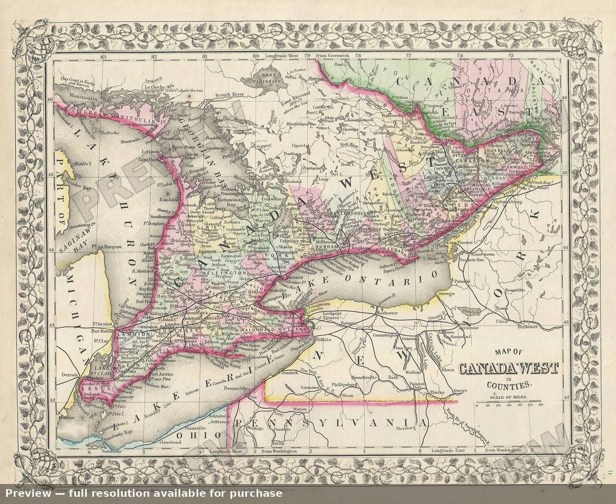 Antique map: Canada West, 1868
