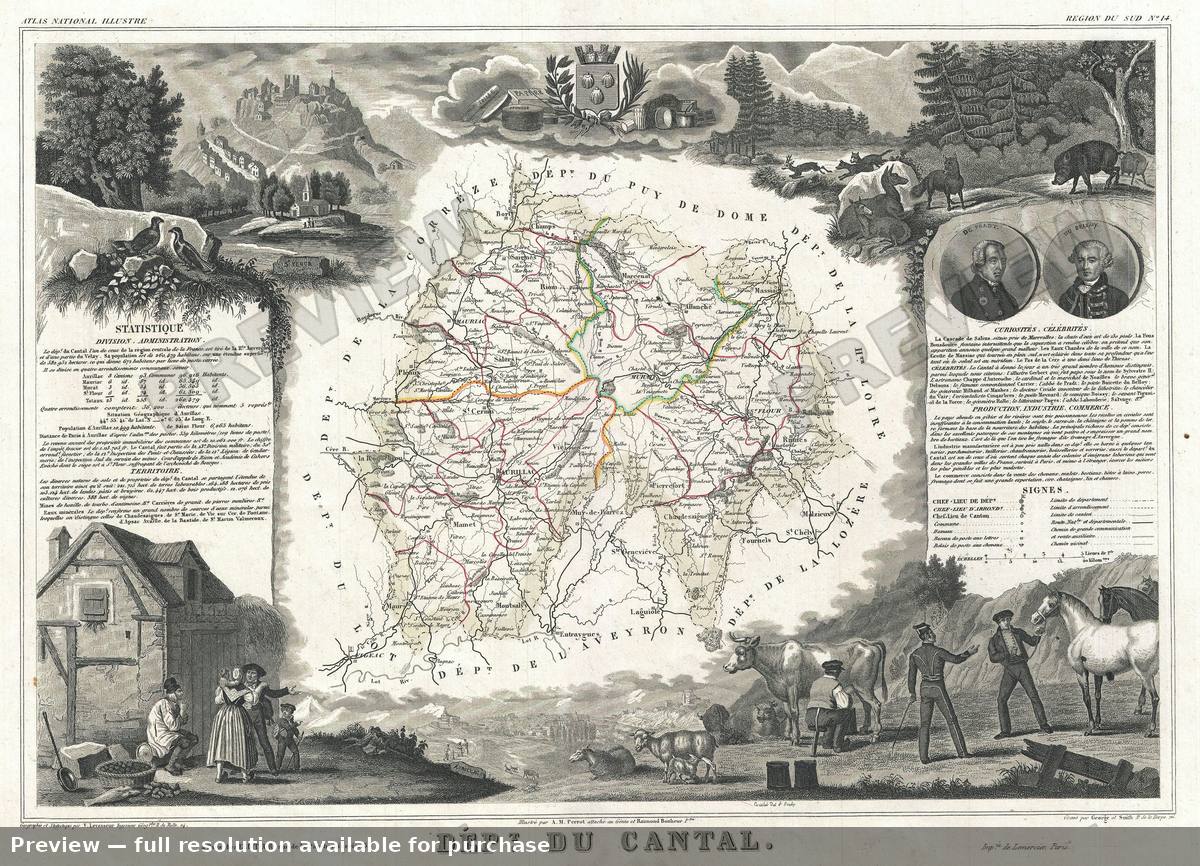 Antique map: Cantal, 1852, 1852