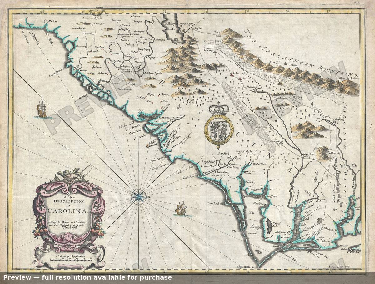 Antique map: Carolina, 1676
