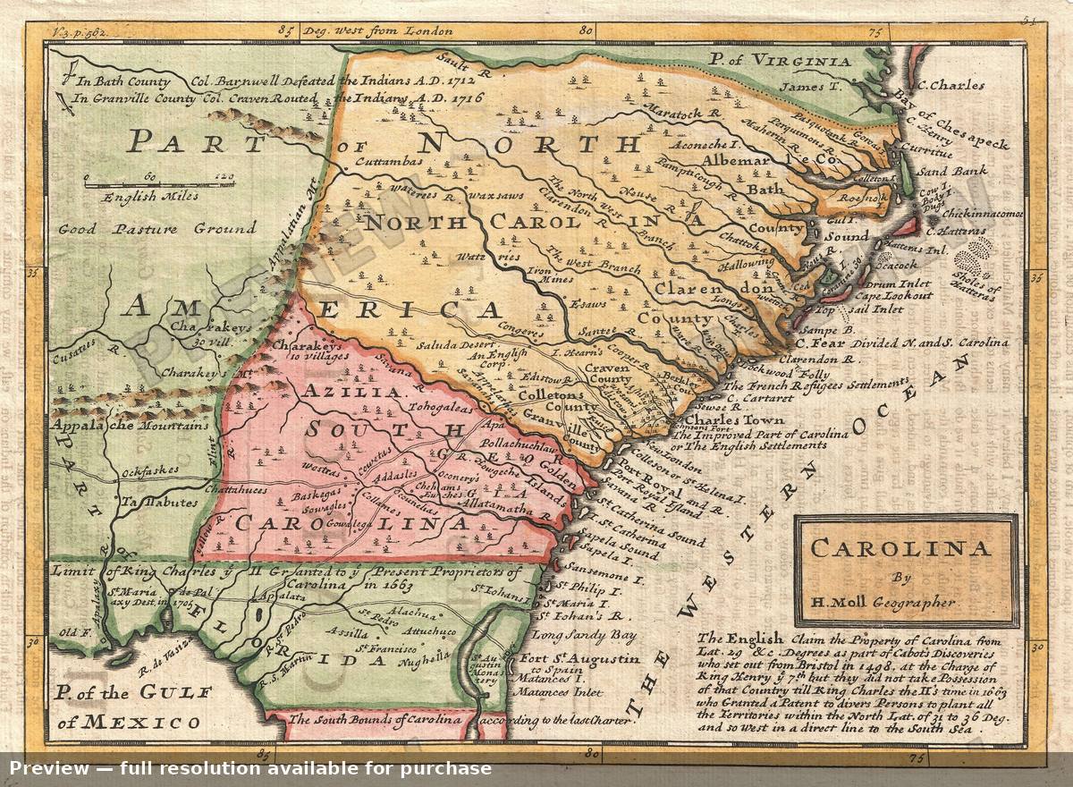 Antique map: Carolinaby Moll, 1746