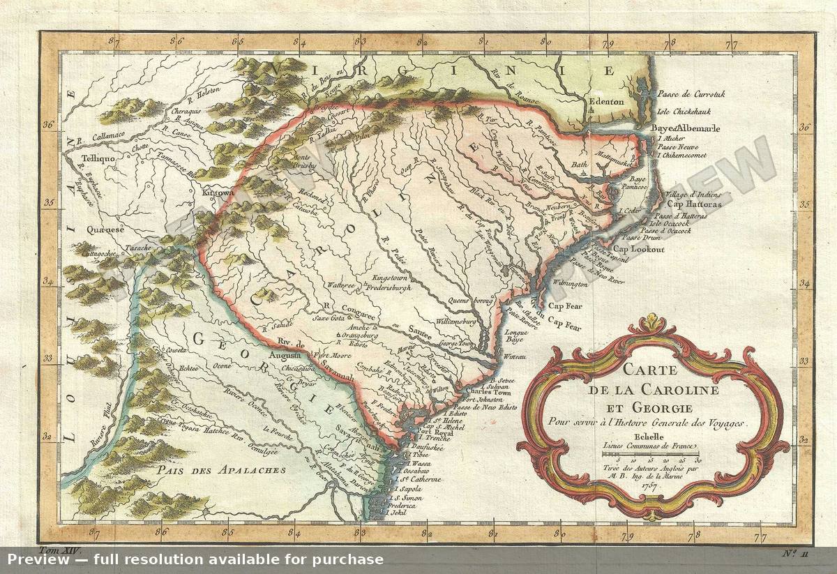 Antique map: Caroline Et Georgie, 1757