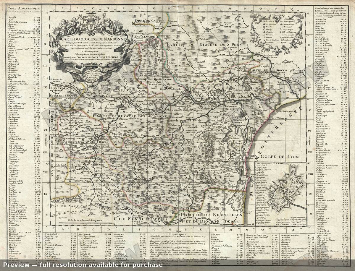 Antique map: Carte Diocesede Narbonne, 1704, 1704