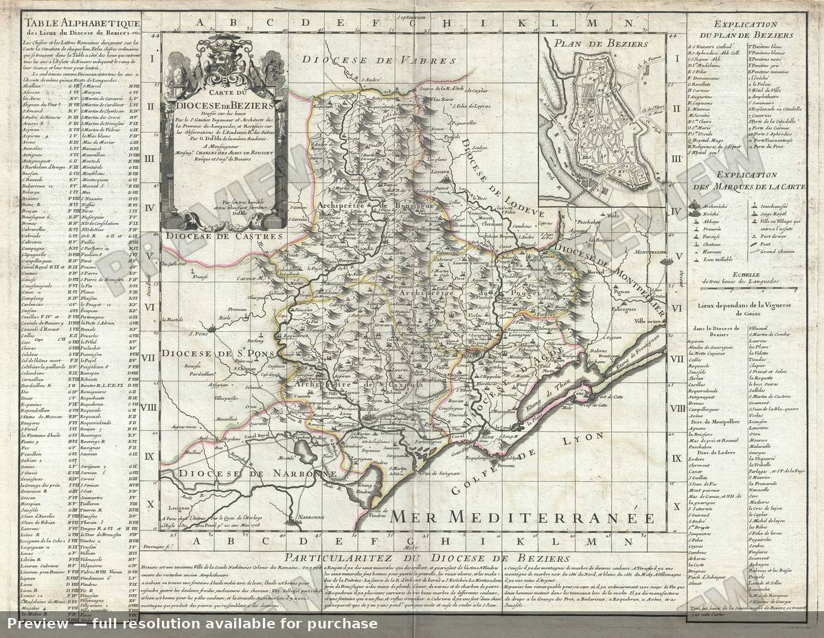 Antique map: Carte Du Diocese Beziers, 1708, 1708