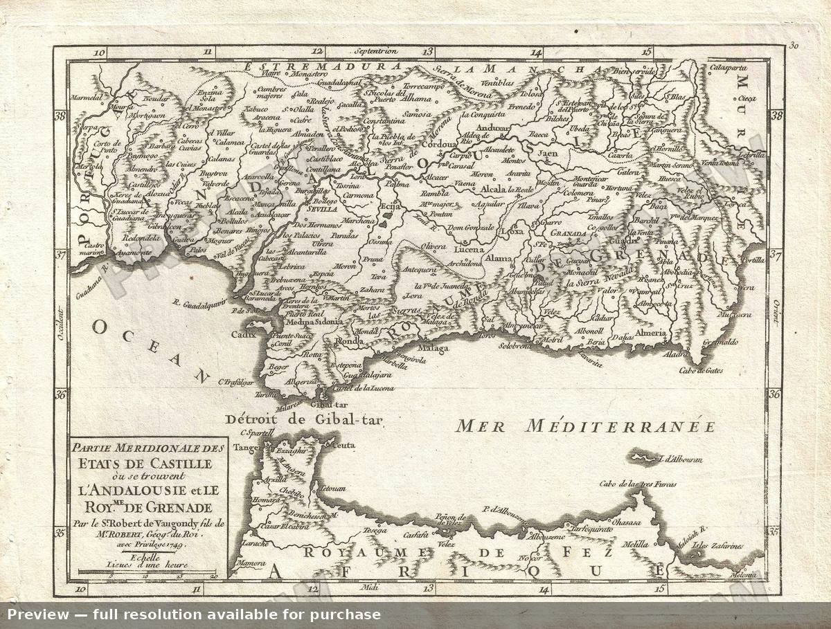Antique map: Castille Andalousie, 1749