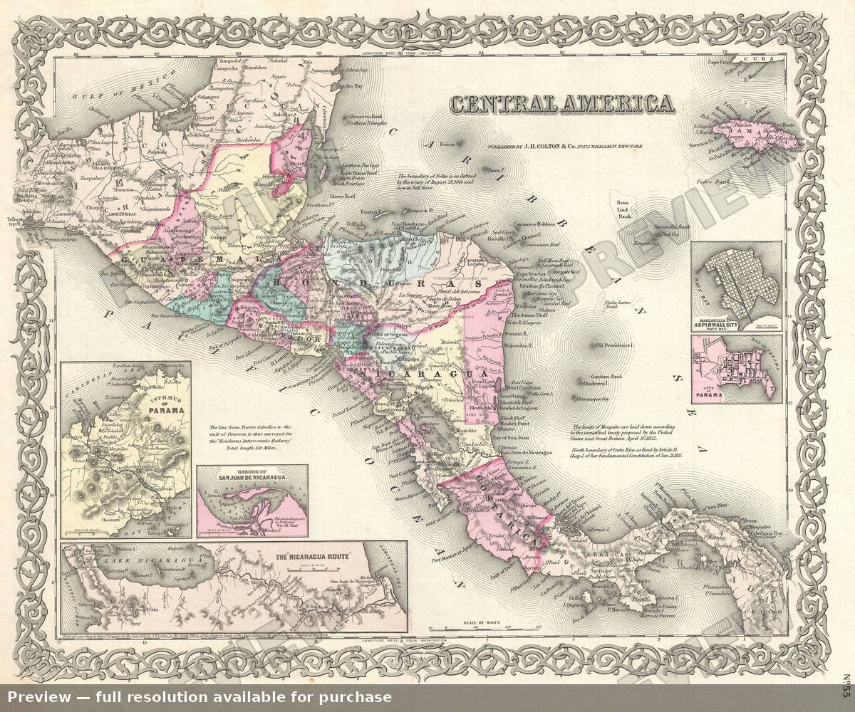Antique map: Central America, 1855