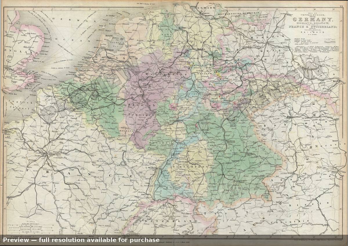 Antique map: Central Europe, 1849