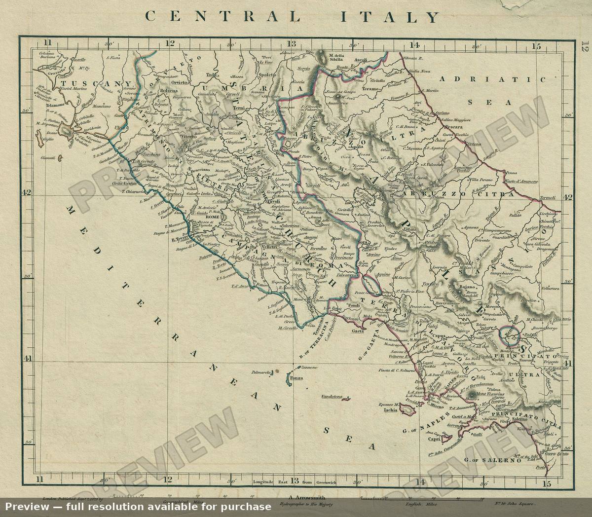 Antique map: Central Italy, 1828