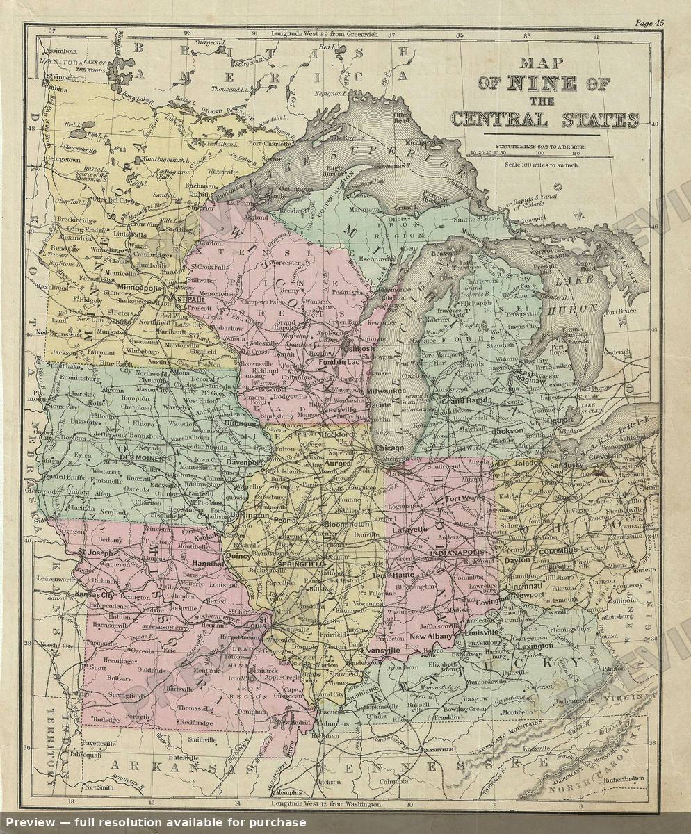Antique map: Central US, 1879