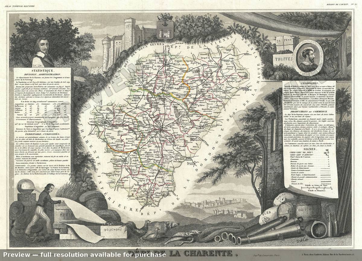 Antique map: Charente, 1852