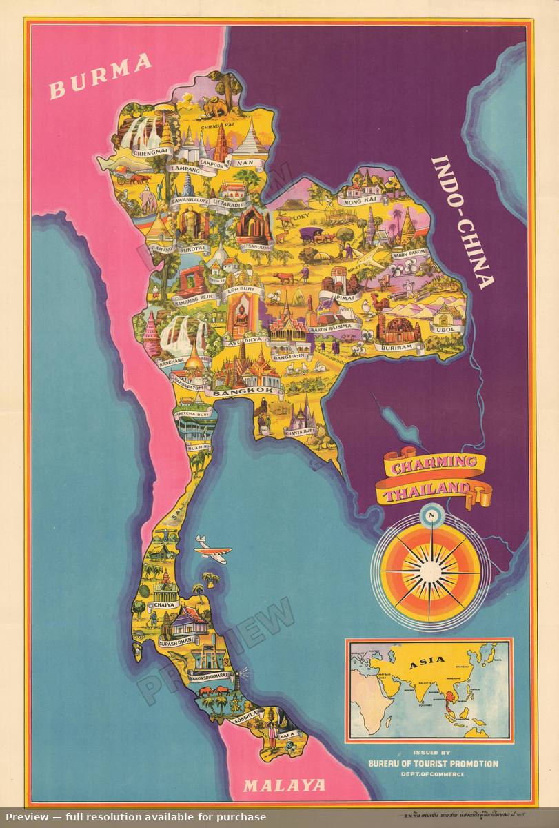 Antique map: Charming Thailand, 1950