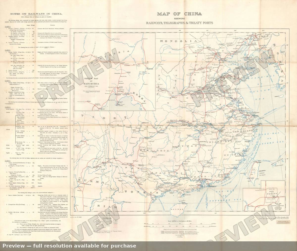 Antique map: China Railways Telegraphs, 1913, 1913