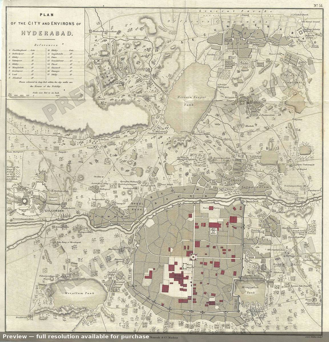 Antique map: City Hyderabad, 1854